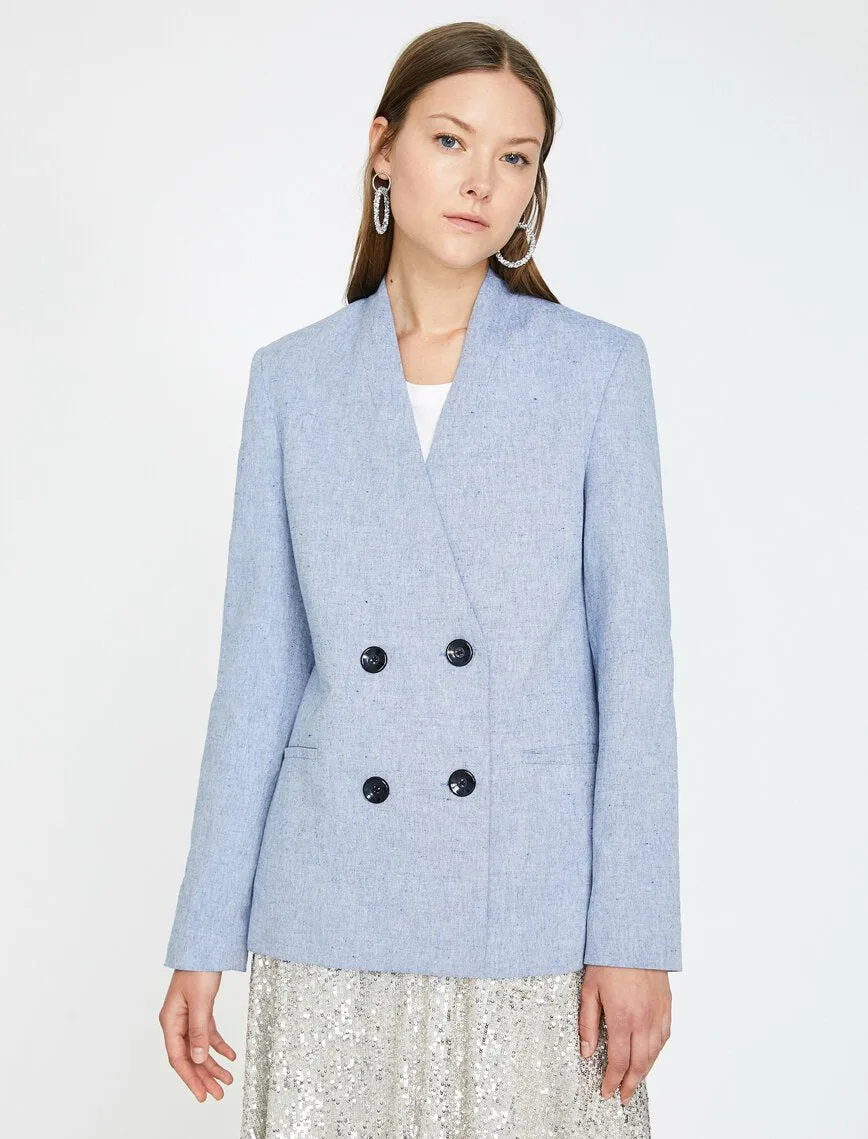 10608 Blue Collarless Double-Breasted Jacket