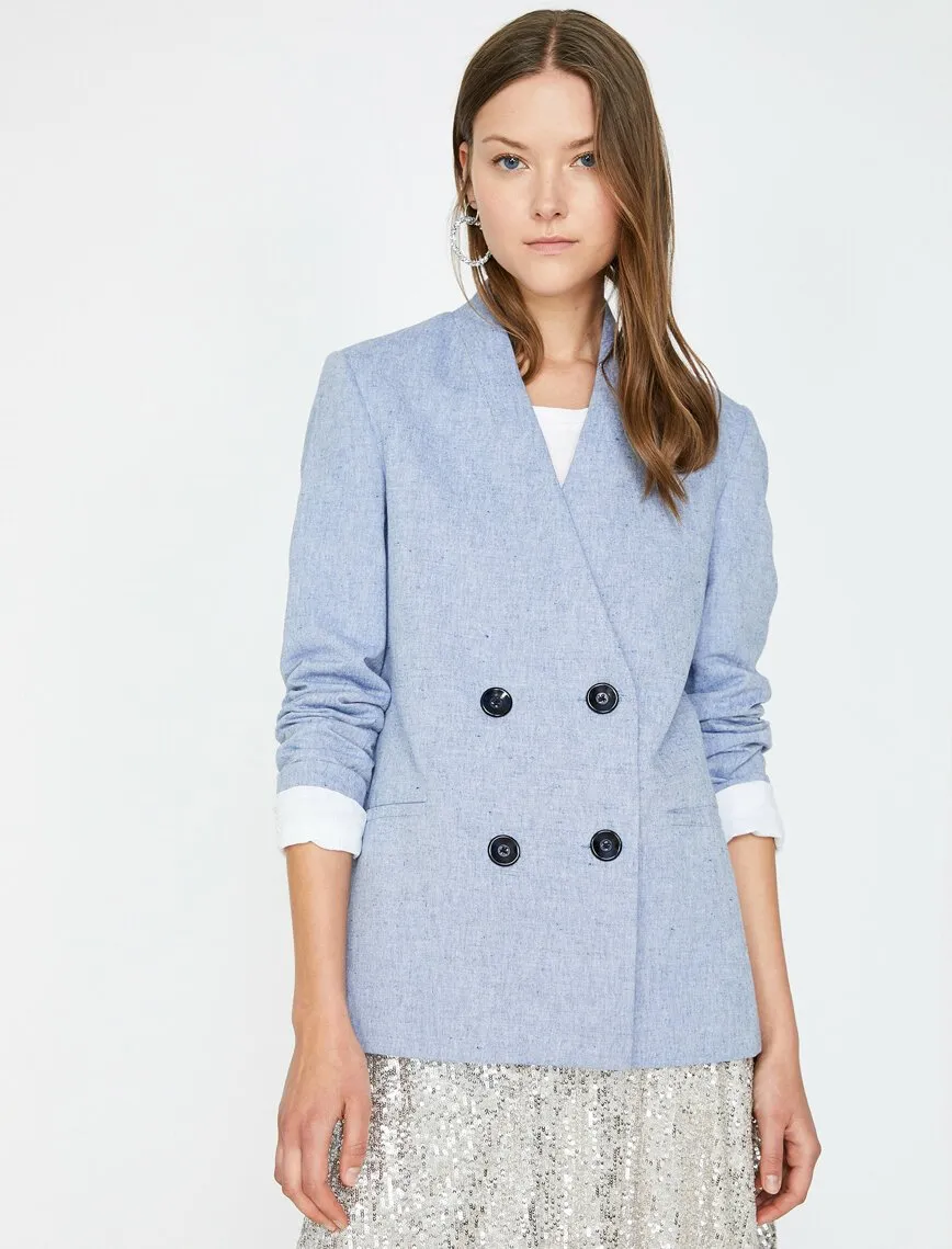 10608 Blue Collarless Double-Breasted Jacket