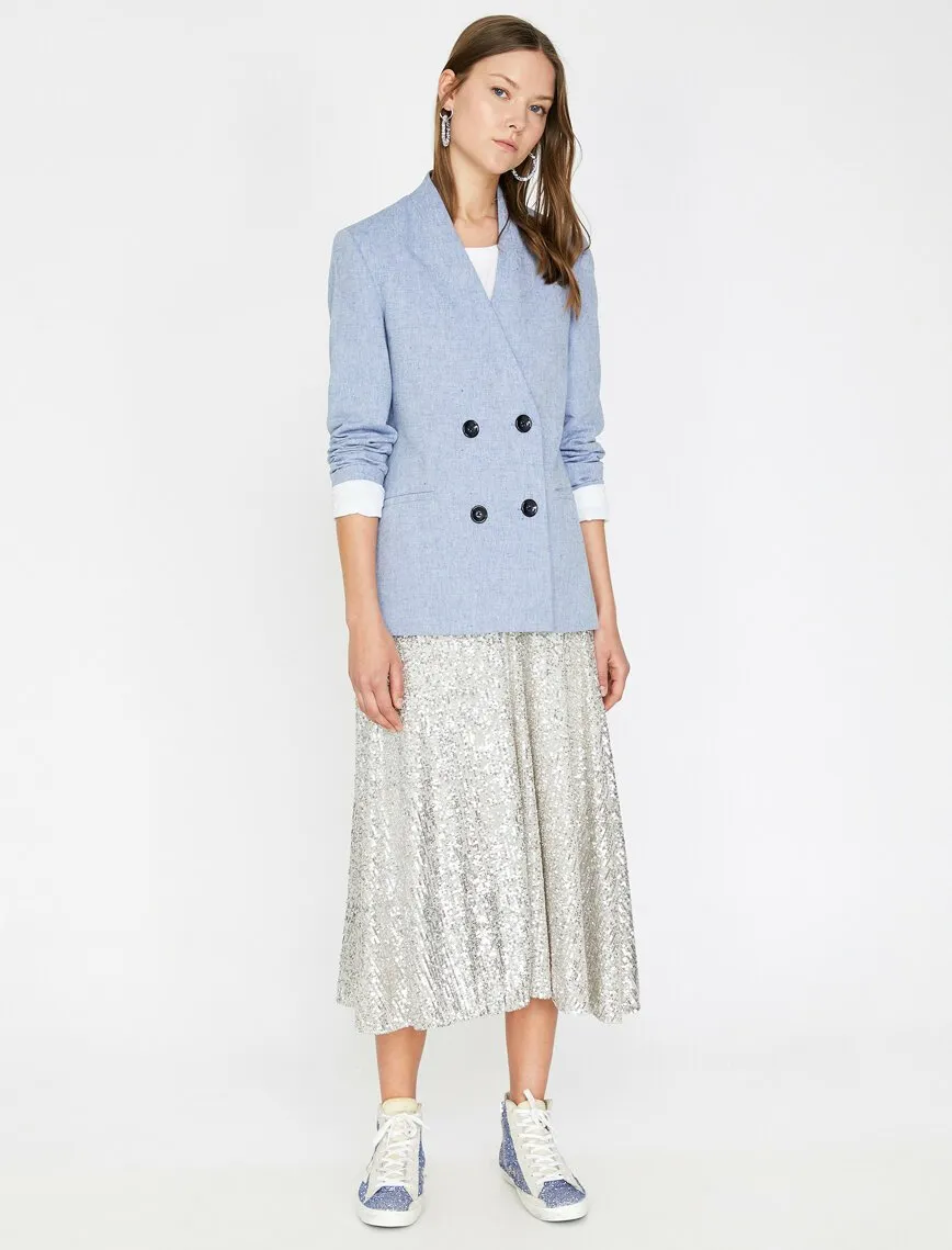 10608 Blue Collarless Double-Breasted Jacket