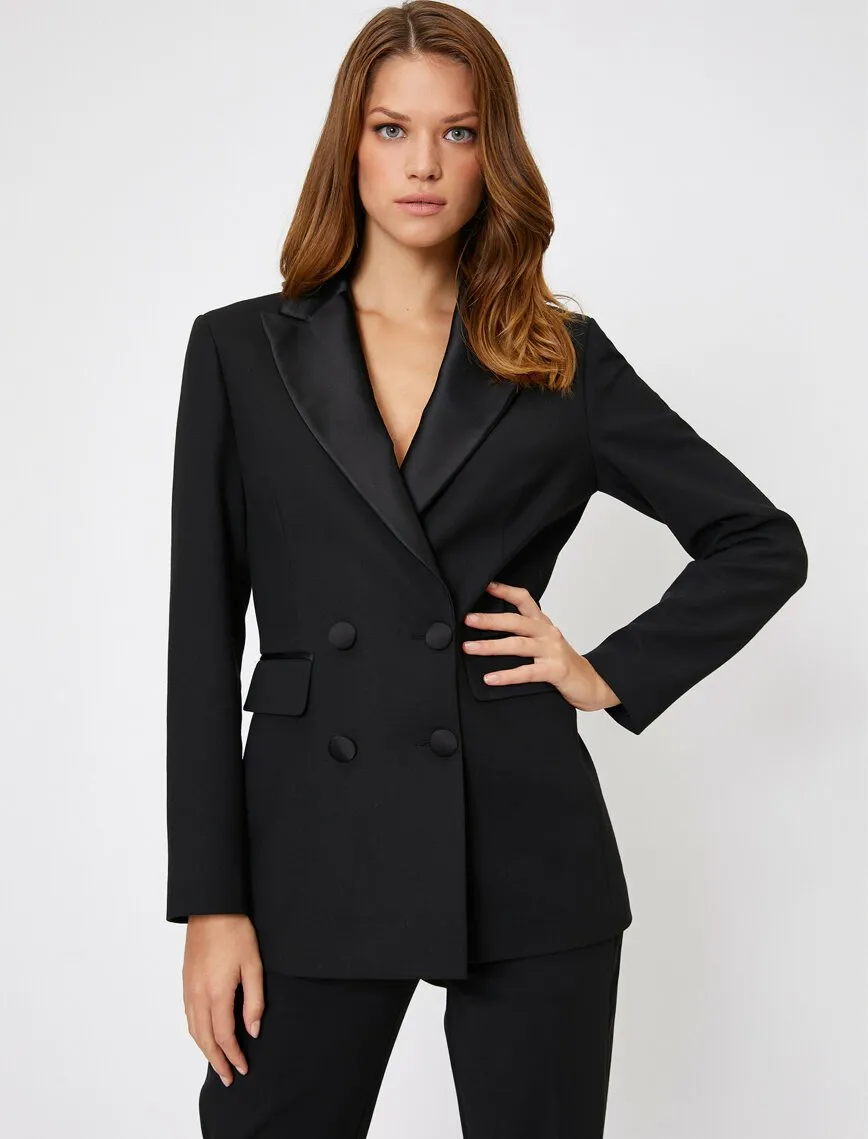 14926 Black Satin Lapel Double-breasted Jacket
