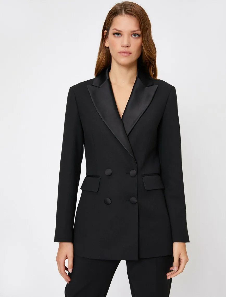 14926 Black Satin Lapel Double-breasted Jacket