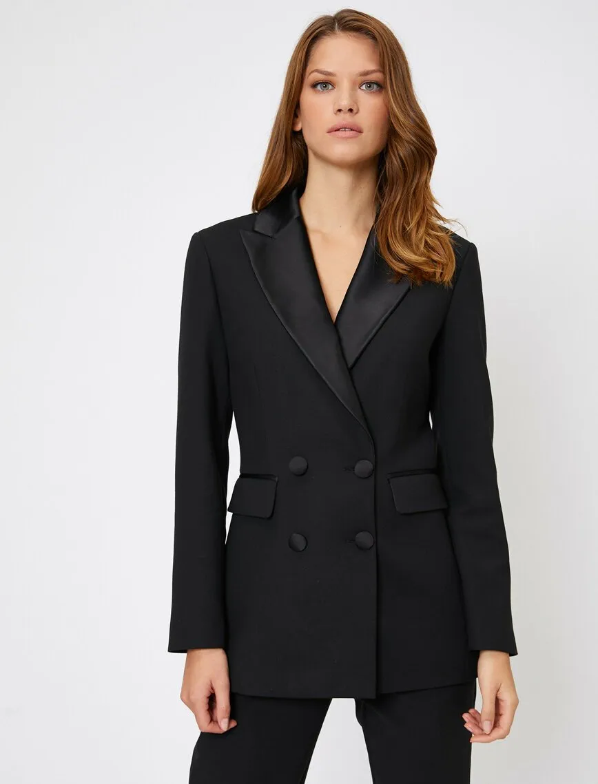 14926 Black Satin Lapel Double-breasted Jacket