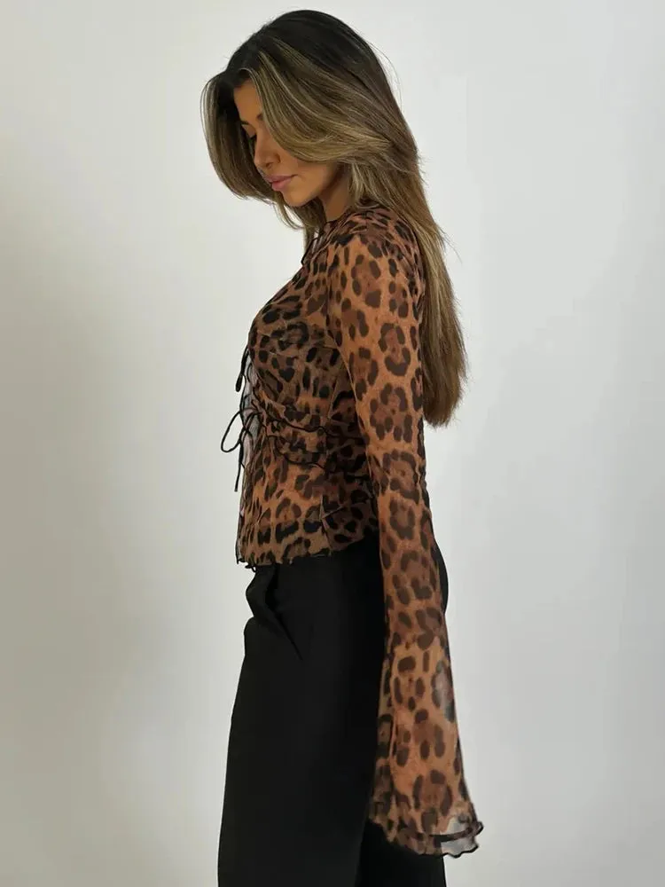 Amozae Leopard Mesh Tops Women Chiffon Lace-up V Neck Long Flare Sleeve Blouse Femme Fashion Print T-shirt Elegant Loose Tops