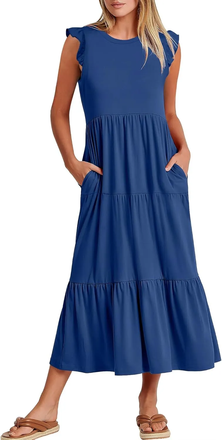 ANRABESS Women Summer Casual Ruffle Sleeveless Maxi Dress A-Line Flowy Tiered Beach Long Sundress with Pockets