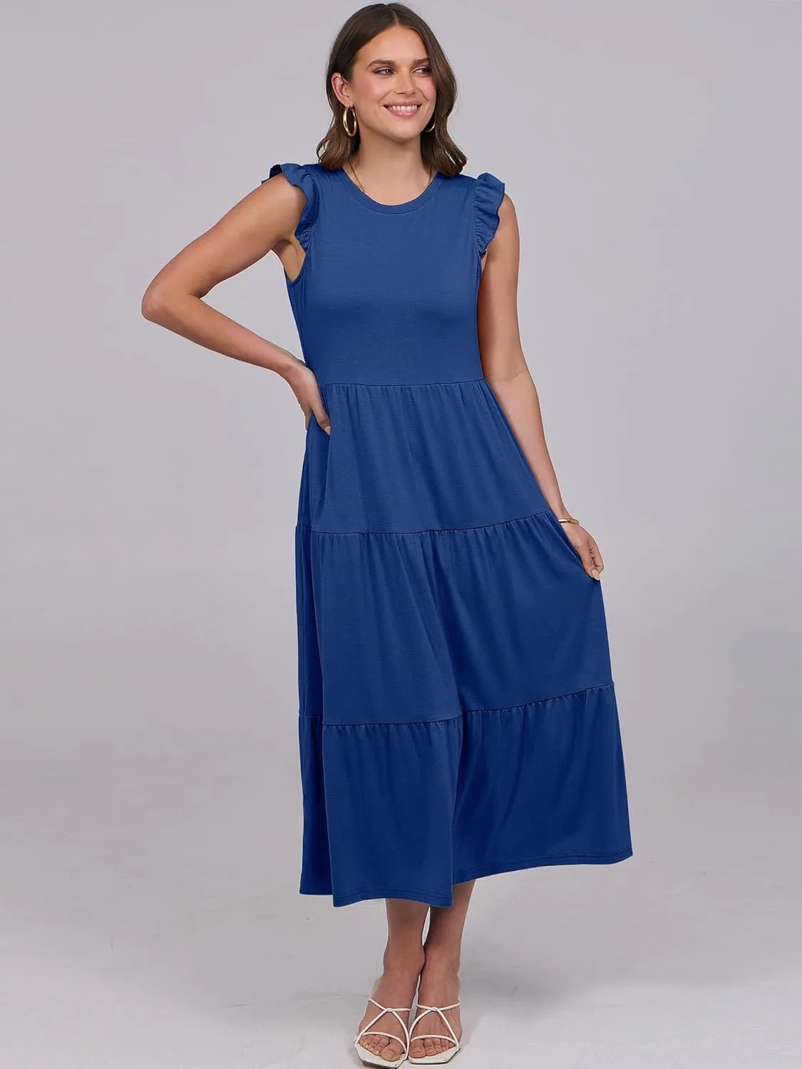 ANRABESS Women Summer Casual Ruffle Sleeveless Maxi Dress A-Line Flowy Tiered Beach Long Sundress with Pockets