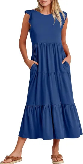 ANRABESS Women Summer Casual Ruffle Sleeveless Maxi Dress A-Line Flowy Tiered Beach Long Sundress with Pockets
