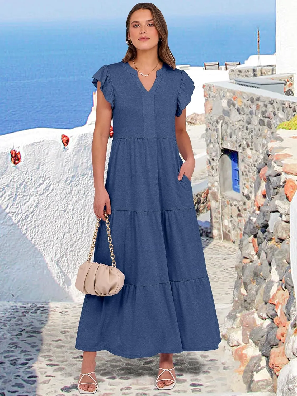 ANRABESS Womens Summer Casual Maxi Dress V Neck Ruffle Sleeve Long Dresses Fashion Flowy Tiered Boho Beach Vacation Sundress