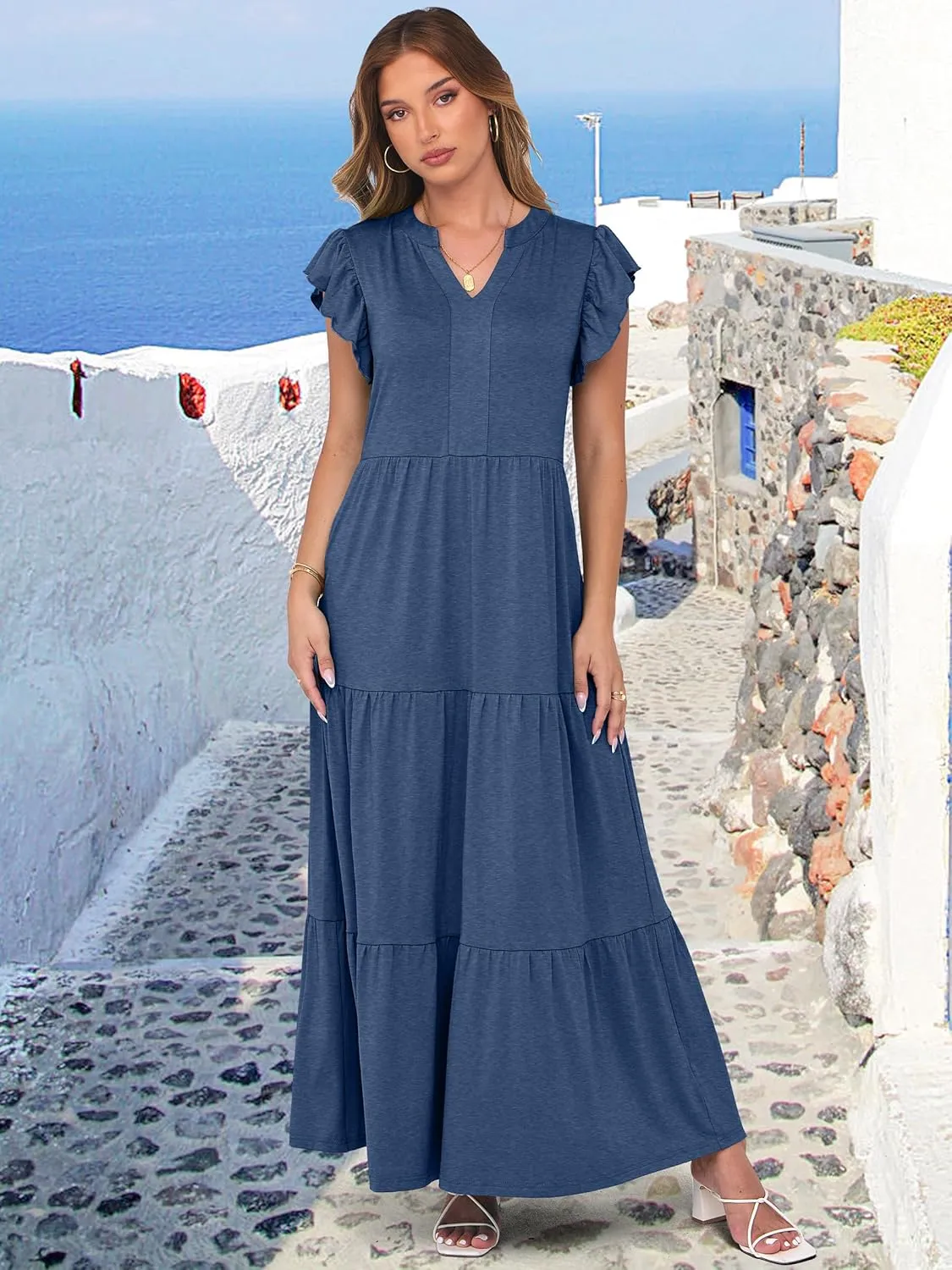 ANRABESS Womens Summer Casual Maxi Dress V Neck Ruffle Sleeve Long Dresses Fashion Flowy Tiered Boho Beach Vacation Sundress