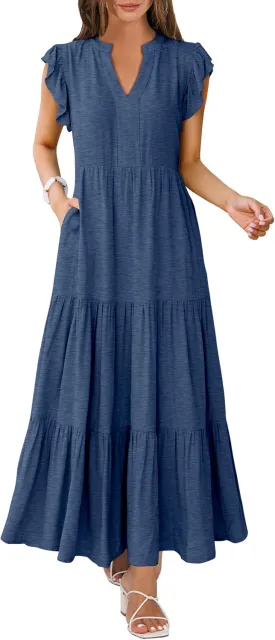 ANRABESS Womens Summer Casual Maxi Dress V Neck Ruffle Sleeve Long Dresses Fashion Flowy Tiered Boho Beach Vacation Sundress