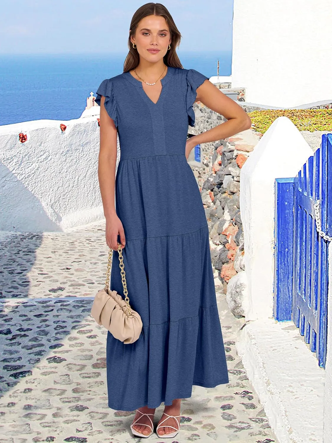 ANRABESS Womens Summer Casual Maxi Dress V Neck Ruffle Sleeve Long Dresses Fashion Flowy Tiered Boho Beach Vacation Sundress