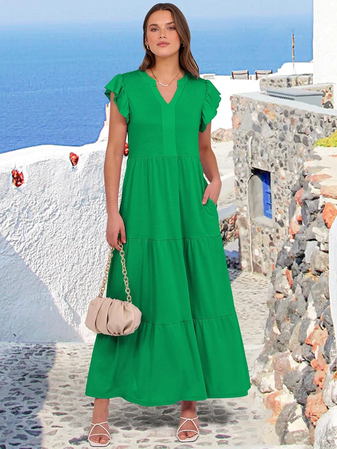 ANRABESS Womens Summer Casual Maxi Dress V Neck Ruffle Sleeve Long Dresses Fashion Flowy Tiered Boho Beach Vacation Sundress