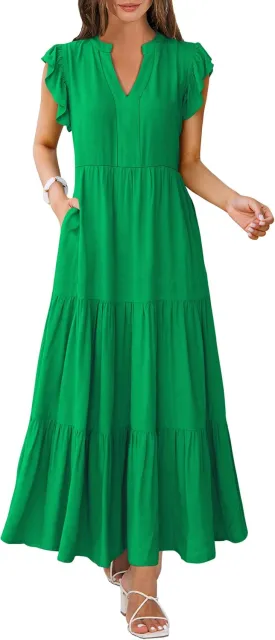 ANRABESS Womens Summer Casual Maxi Dress V Neck Ruffle Sleeve Long Dresses Fashion Flowy Tiered Boho Beach Vacation Sundress