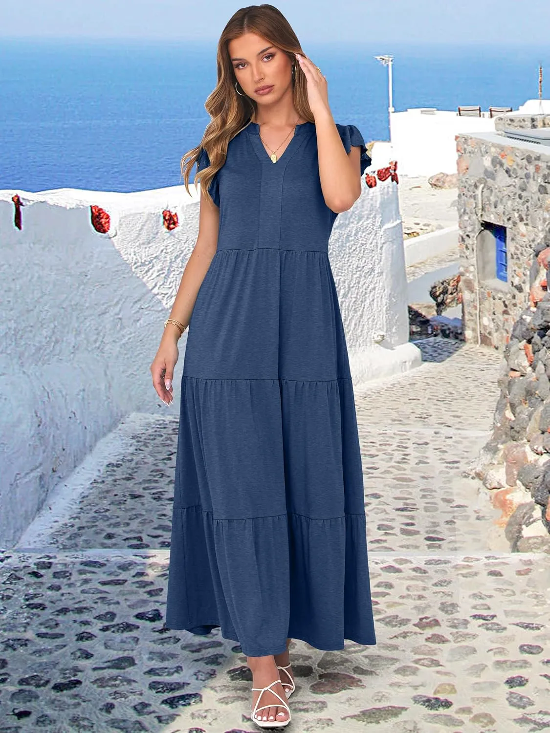 ANRABESS Womens Summer Casual Maxi Dress V Neck Ruffle Sleeve Long Dresses Fashion Flowy Tiered Boho Beach Vacation Sundress