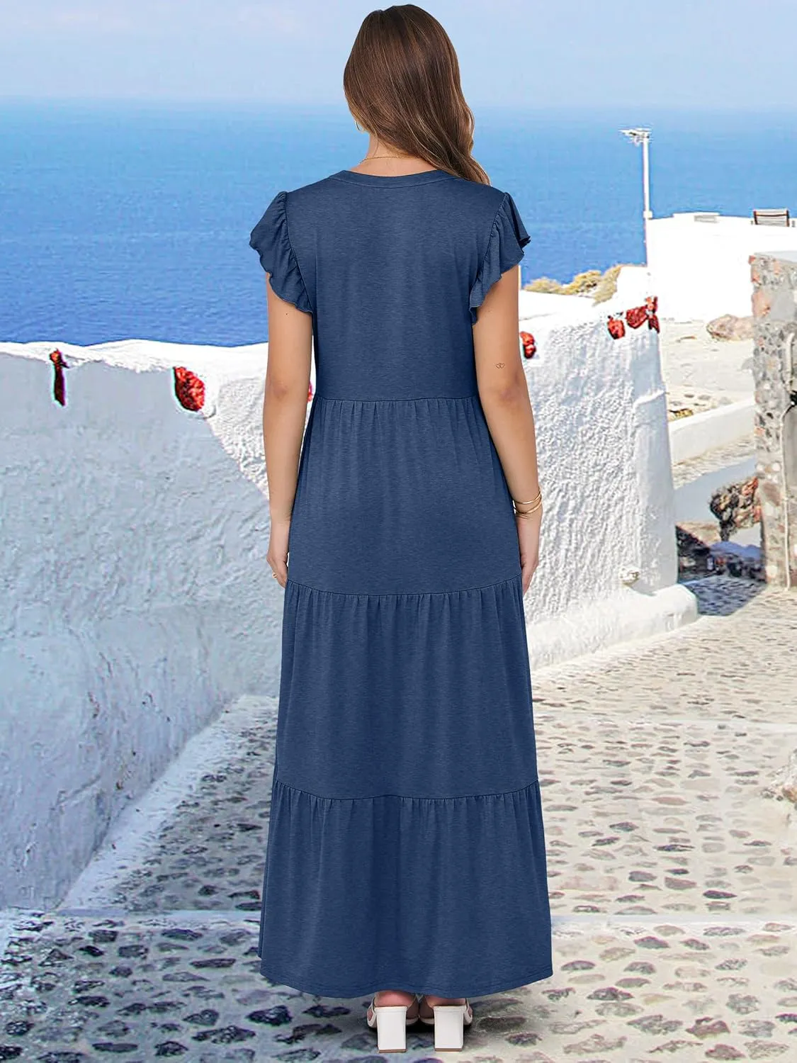 ANRABESS Womens Summer Casual Maxi Dress V Neck Ruffle Sleeve Long Dresses Fashion Flowy Tiered Boho Beach Vacation Sundress