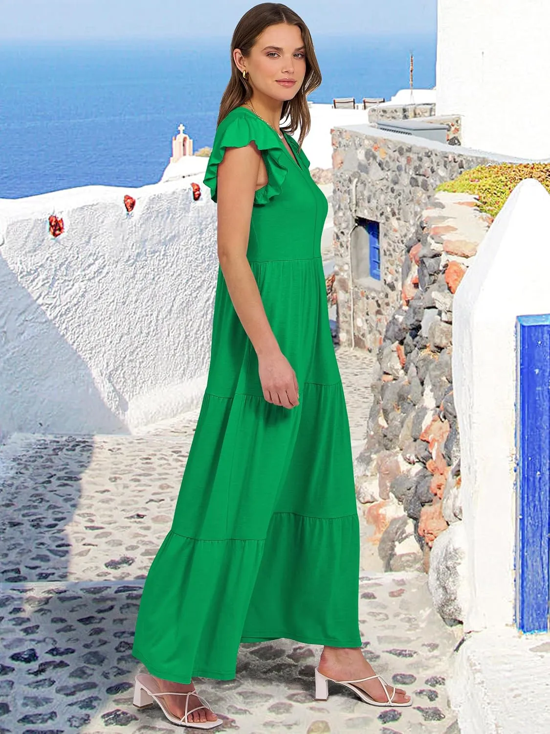 ANRABESS Womens Summer Casual Maxi Dress V Neck Ruffle Sleeve Long Dresses Fashion Flowy Tiered Boho Beach Vacation Sundress