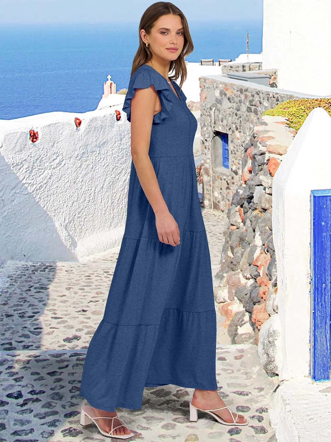 ANRABESS Womens Summer Casual Maxi Dress V Neck Ruffle Sleeve Long Dresses Fashion Flowy Tiered Boho Beach Vacation Sundress