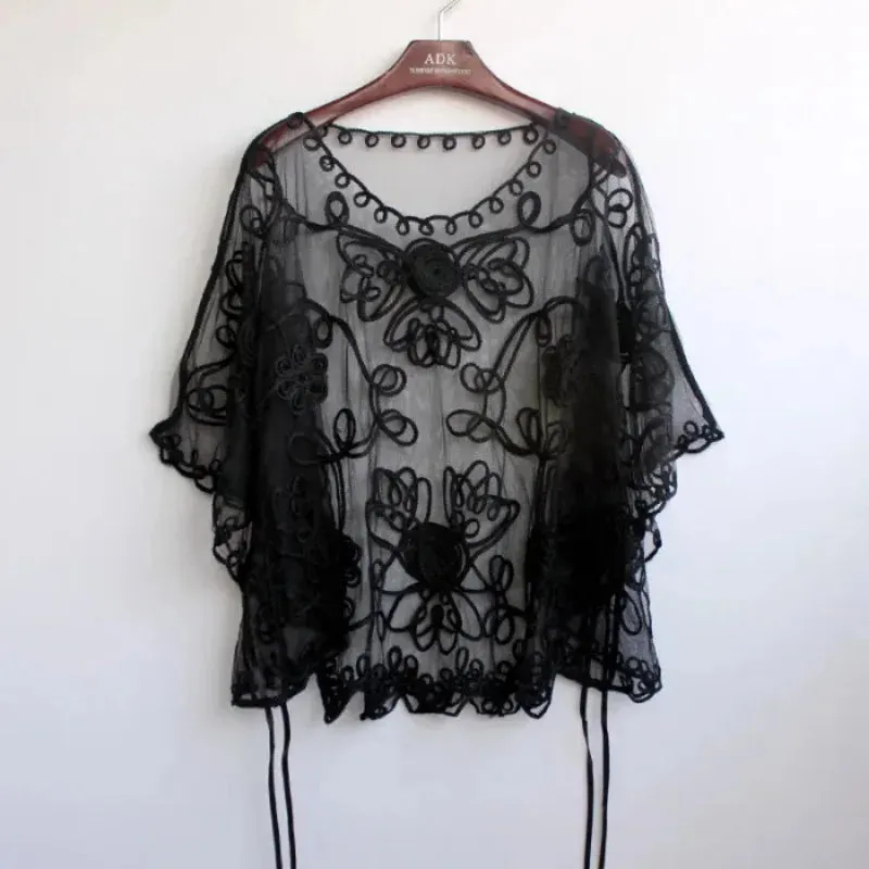 ARWEN&AJH GROUP مجموعة اروين التجاريه2024 2024 High Quality Loose Hollow Chiffon Women's Blouse Summer Lace Three-quarter Sleeve Shirt