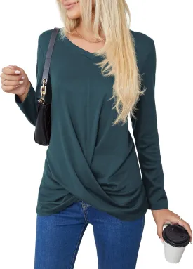 Askyes Women's Long Sleeve Tops 2024 Fall Winter Fashion Tunics Casual Front Twist T-Shirt V Neck Tunics Tops