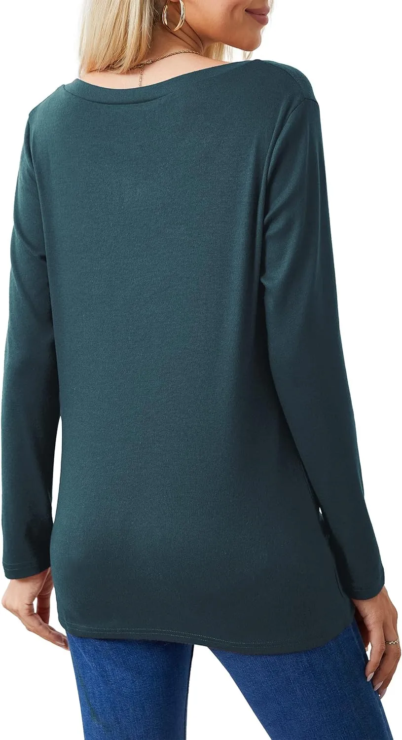 Askyes Women's Long Sleeve Tops 2024 Fall Winter Fashion Tunics Casual Front Twist T-Shirt V Neck Tunics Tops