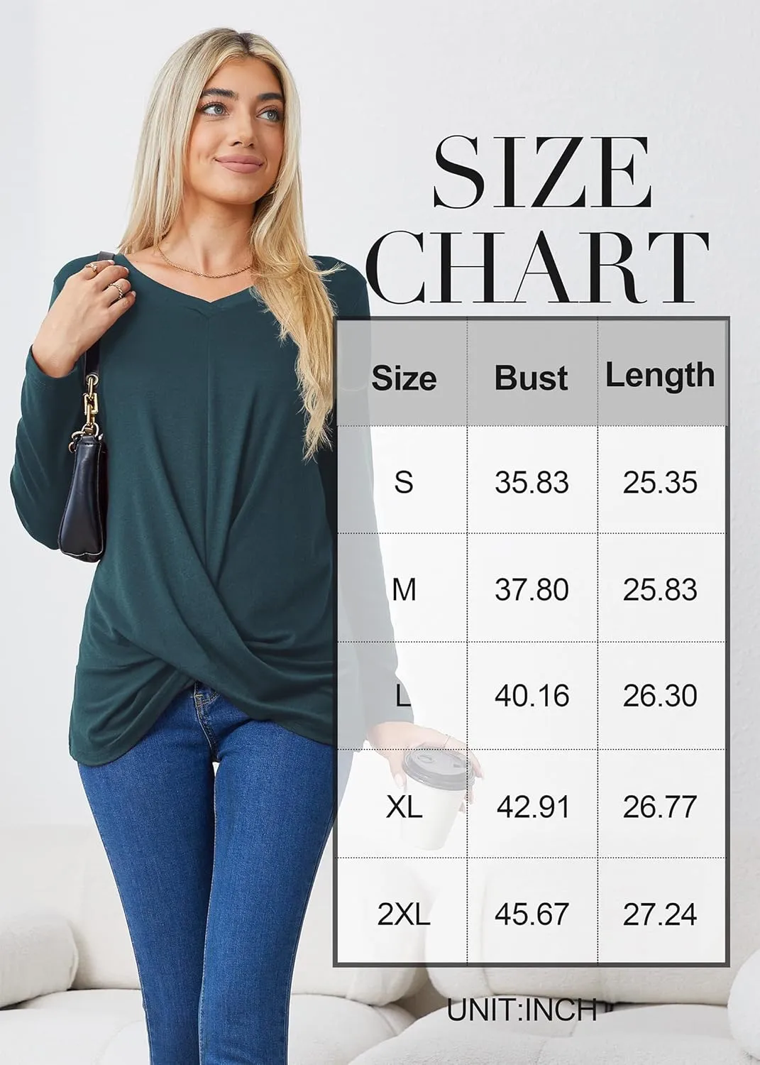 Askyes Women's Long Sleeve Tops 2024 Fall Winter Fashion Tunics Casual Front Twist T-Shirt V Neck Tunics Tops