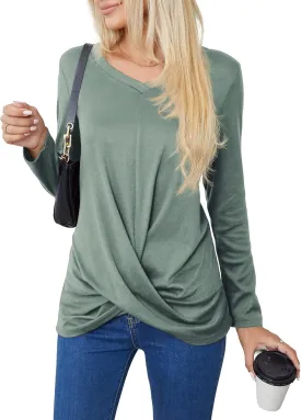Askyes Women's Long Sleeve Tops 2024 Fall Winter Fashion Tunics Casual Front Twist T-Shirt V Neck Tunics Tops