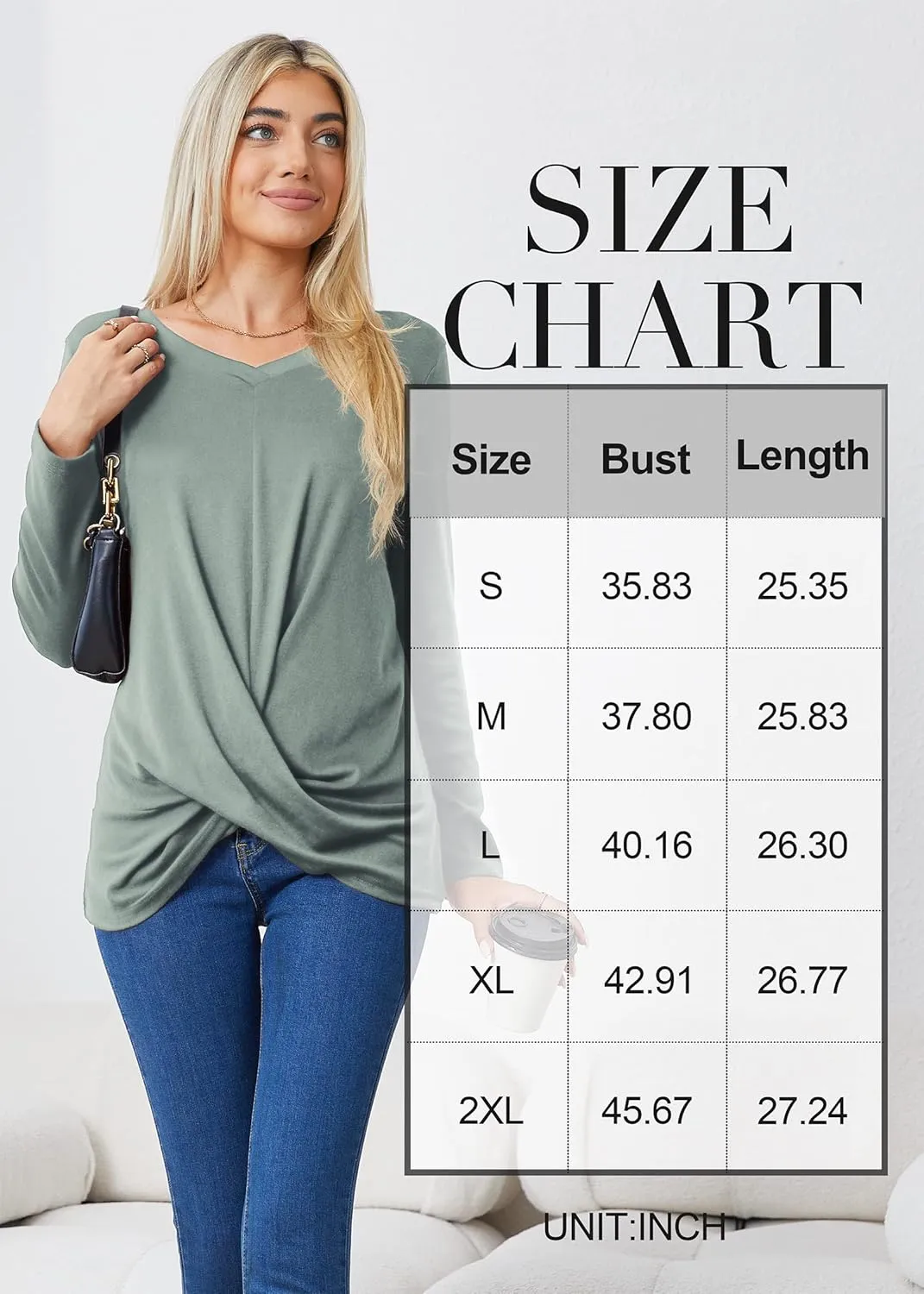 Askyes Women's Long Sleeve Tops 2024 Fall Winter Fashion Tunics Casual Front Twist T-Shirt V Neck Tunics Tops