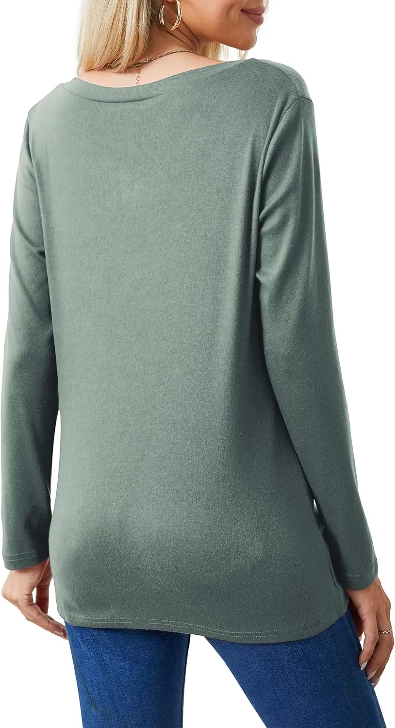 Askyes Women's Long Sleeve Tops 2024 Fall Winter Fashion Tunics Casual Front Twist T-Shirt V Neck Tunics Tops