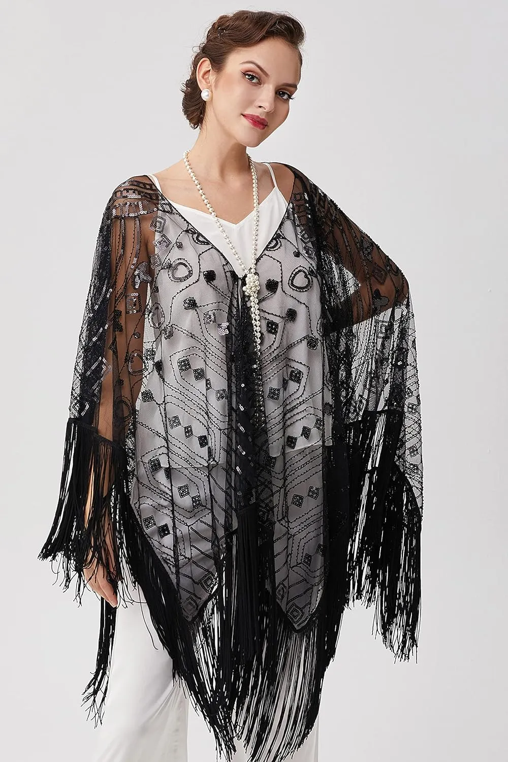 BABEYOND 1920s Sequin Beaded Shawl Wraps Fringed Evening Cape Scarf for Wedding