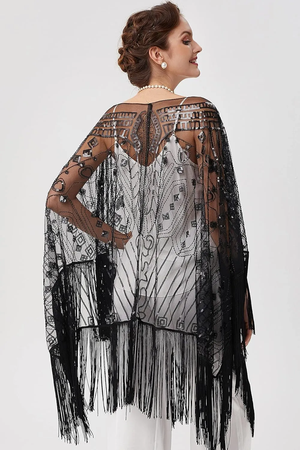 BABEYOND 1920s Sequin Beaded Shawl Wraps Fringed Evening Cape Scarf for Wedding