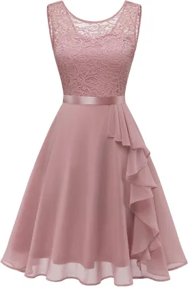 BeryLove Women's Cocktail Dresses Prom Wedding Guest Short Bridesmaid Dresses Ruffle Hem Sleeveless Lace Formal Dress