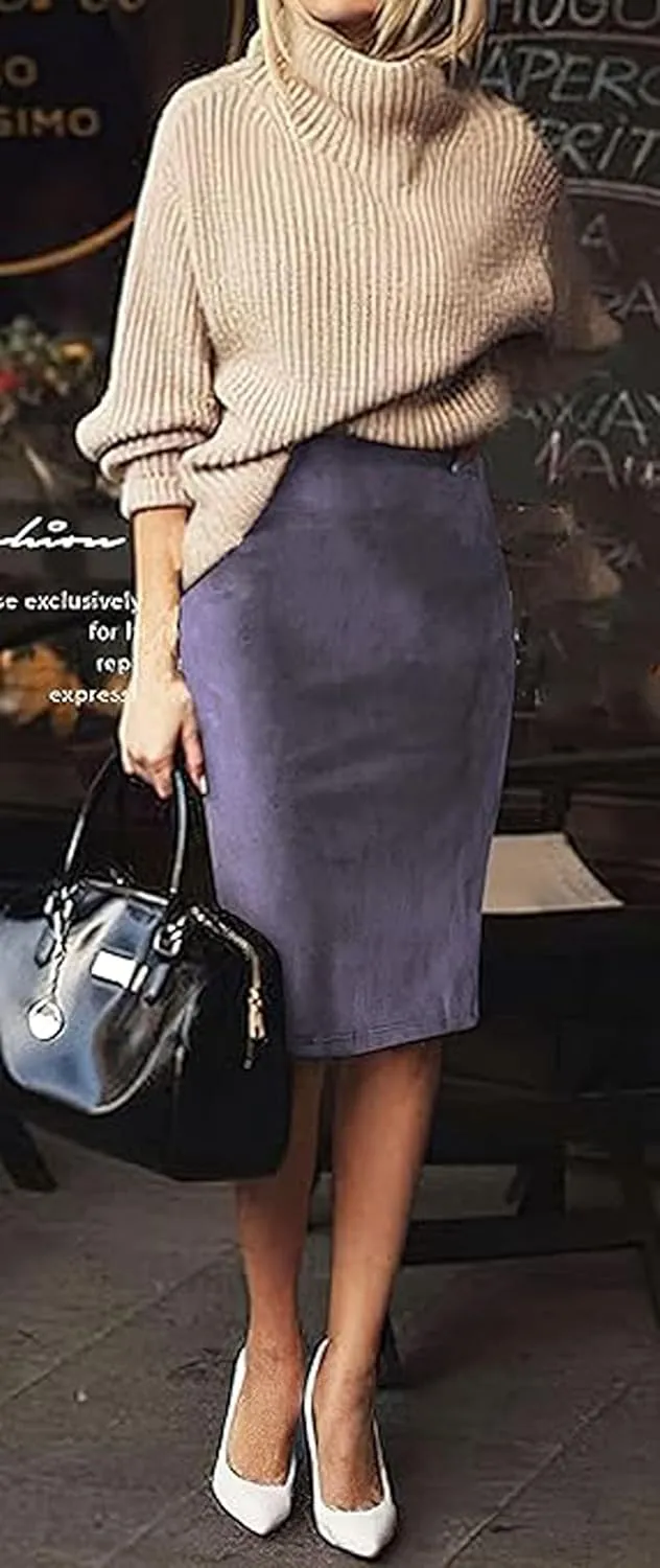 CHARTOU Womens Lightweight Elastic-Waist Faux Suede Leather Side Split Hip Packaged Skirt
