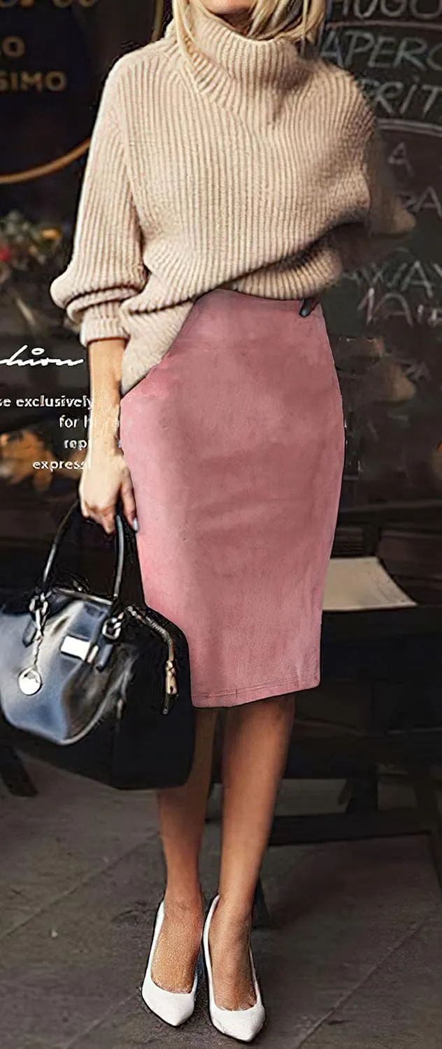 CHARTOU Womens Lightweight Elastic-Waist Faux Suede Leather Side Split Hip Packaged Skirt