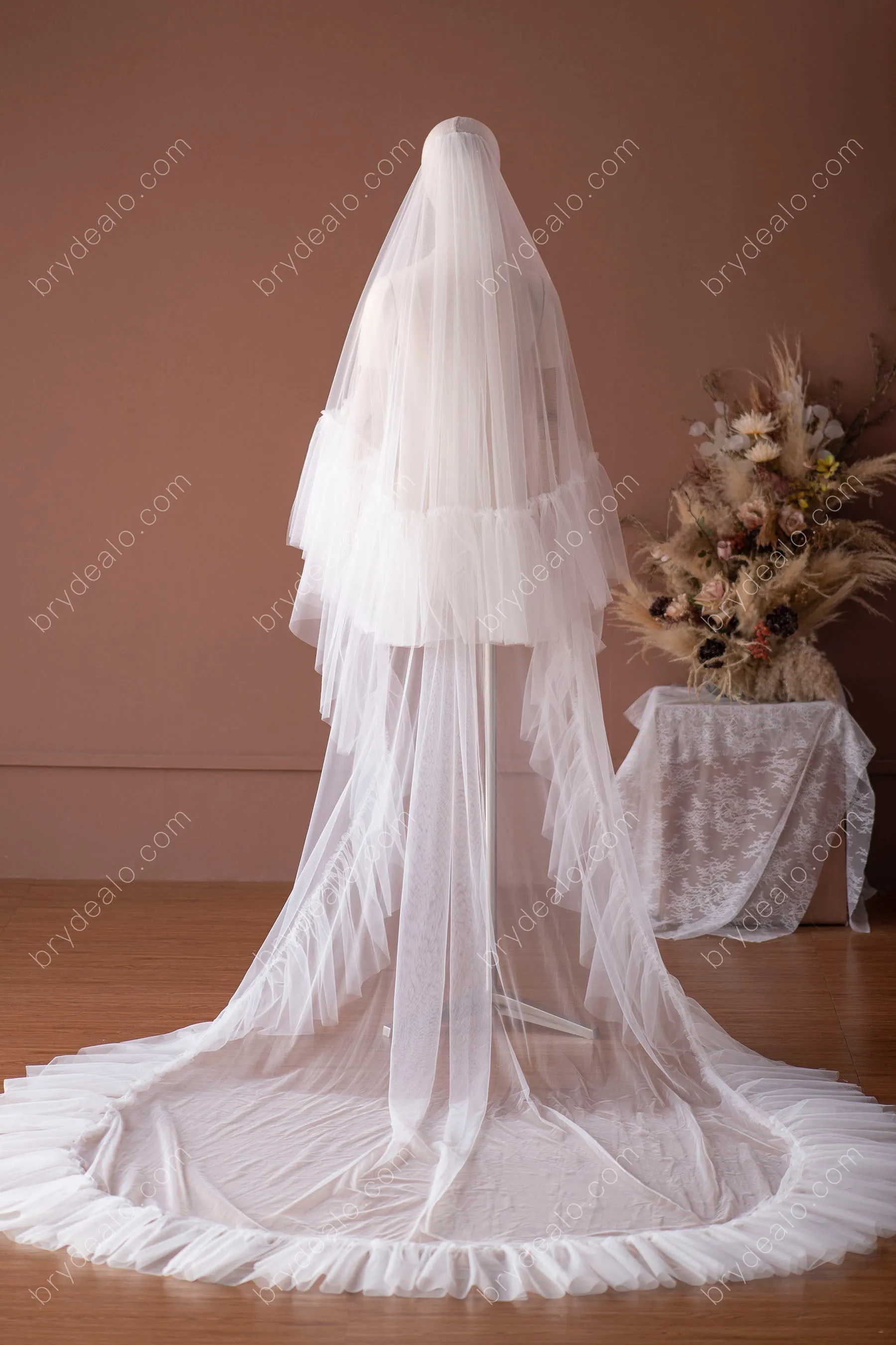 Chic Designer Two-tier Cathedral Length Ruffled Long Bridal Veil