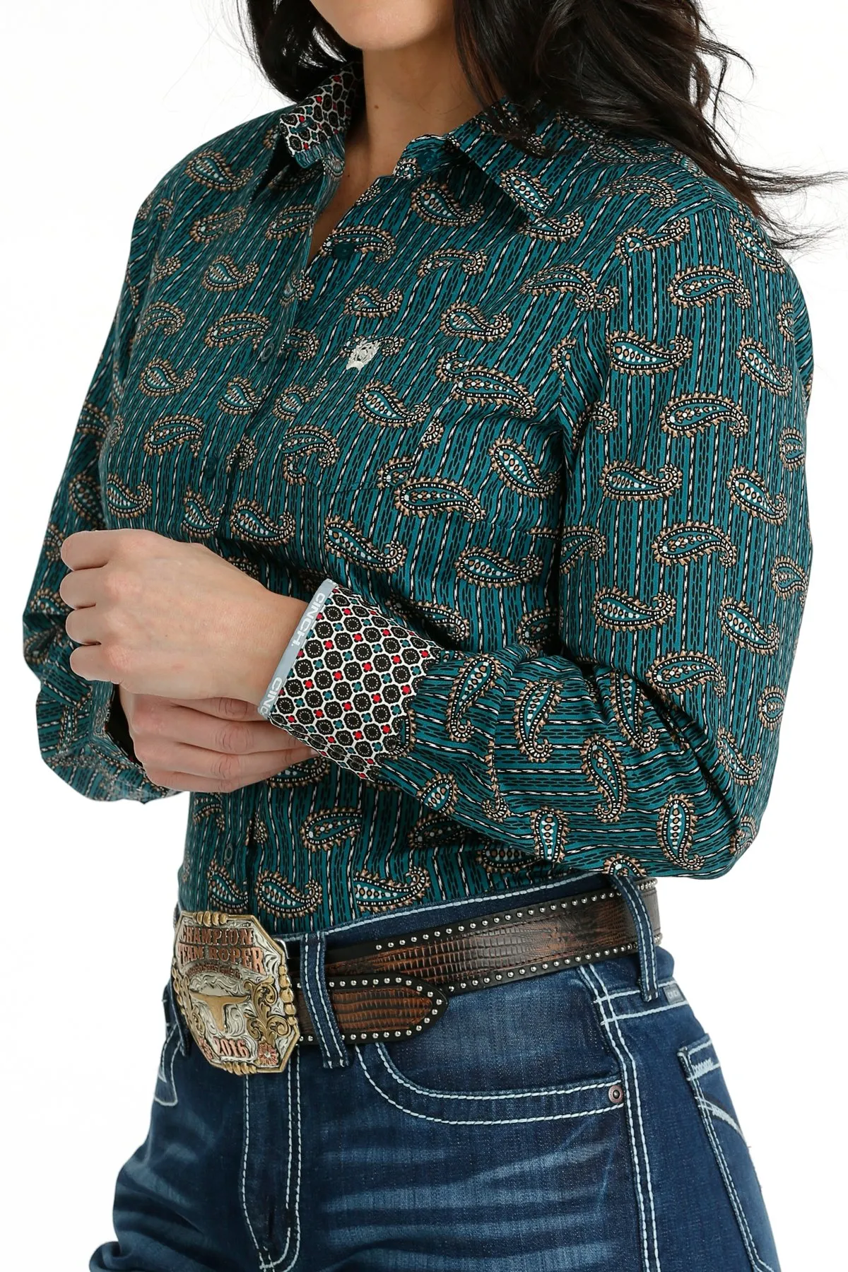 Cinch Women's Butto Down Western Teal Shirt