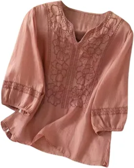 Cotton Linen Shirts for Women Summer 2025 Boho Retro Embroidered Tops 3/4 Sleeve Dressy Casual Blouses Loose Tunics