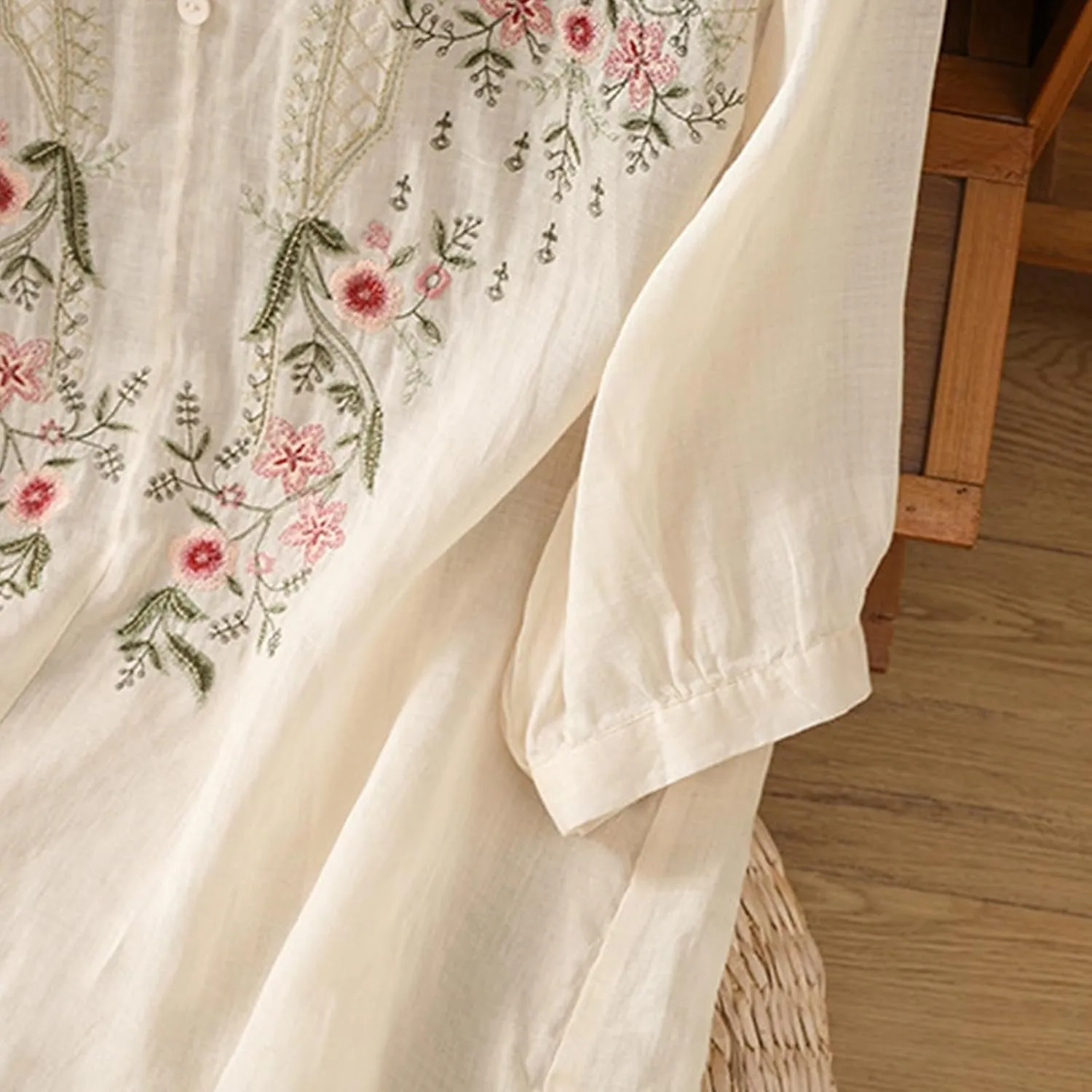 Cotton Linen Shirts for Women Summer 2025 Boho Retro Embroidered Tops 3/4 Sleeve Dressy Casual Blouses Loose Tunics
