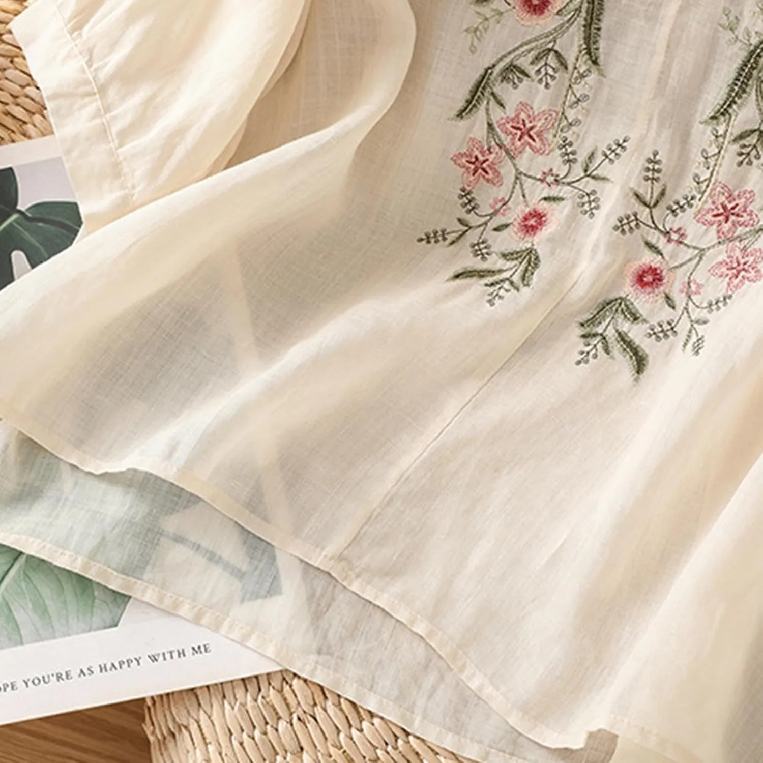 Cotton Linen Shirts for Women Summer 2025 Boho Retro Embroidered Tops 3/4 Sleeve Dressy Casual Blouses Loose Tunics