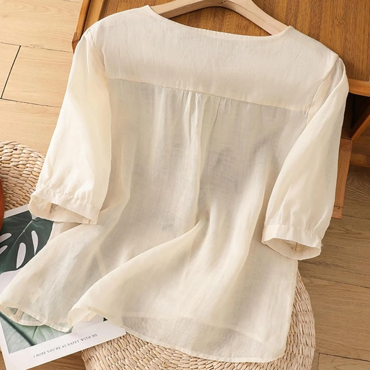 Cotton Linen Shirts for Women Summer 2025 Boho Retro Embroidered Tops 3/4 Sleeve Dressy Casual Blouses Loose Tunics