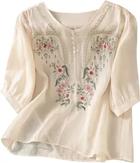 Cotton Linen Shirts for Women Summer 2025 Boho Retro Embroidered Tops 3/4 Sleeve Dressy Casual Blouses Loose Tunics