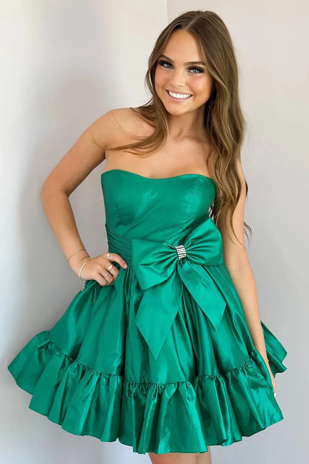 Dark Green Strapless Ruffle Tiered Satin Homecoming Dresses with Bow VK24081106