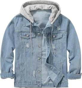 DOSLAVIDA Men's Distressed Denim Jacket Unisex Button Down Jean Coat Casual Long Sleeve Trucker Hooded Jackets Outwear