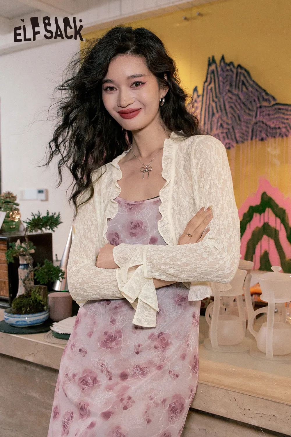 ELFSACK 2024 summer new arrival picnic travel vacation holiday soft comfortable fitted ruffle lace chiffon cardigan sun protection cover suspender skirt thin cold light