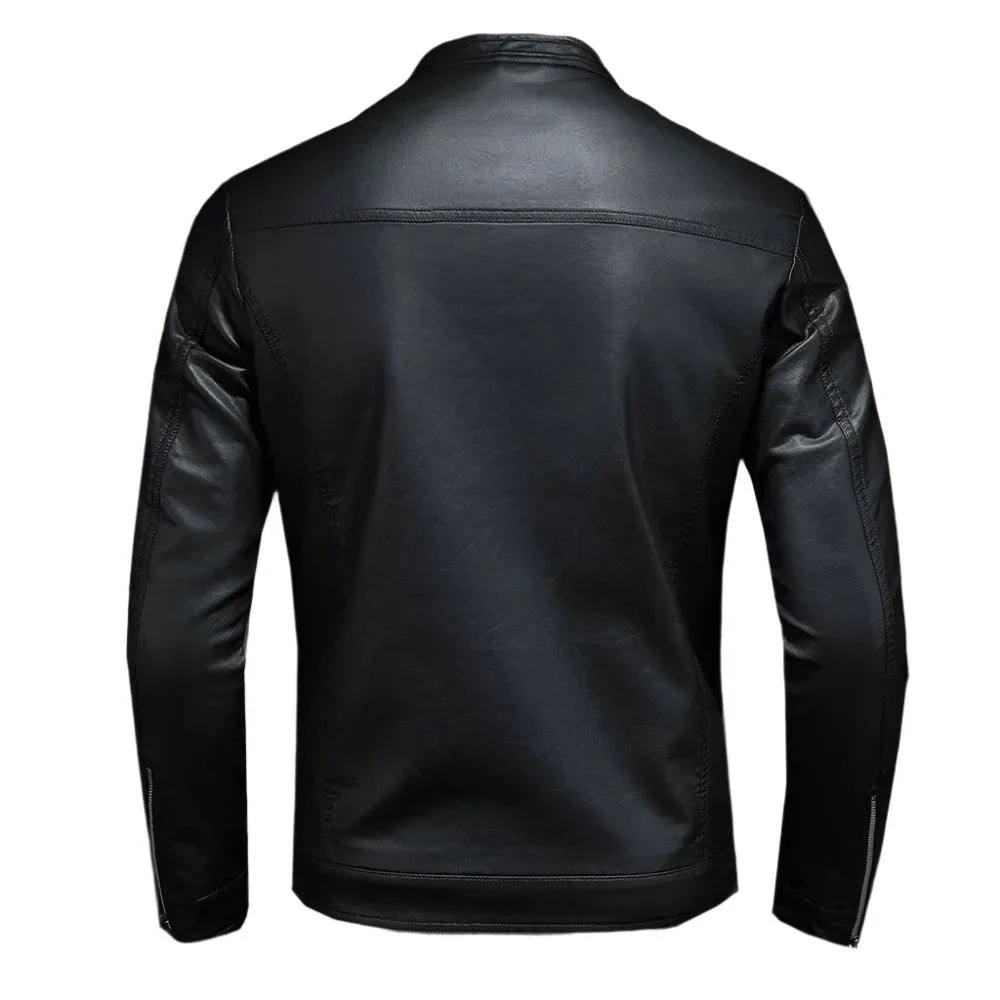 Fashion Motorcycle Stand Collar Slim Long Sleeve Biker Leather Coat Jacket