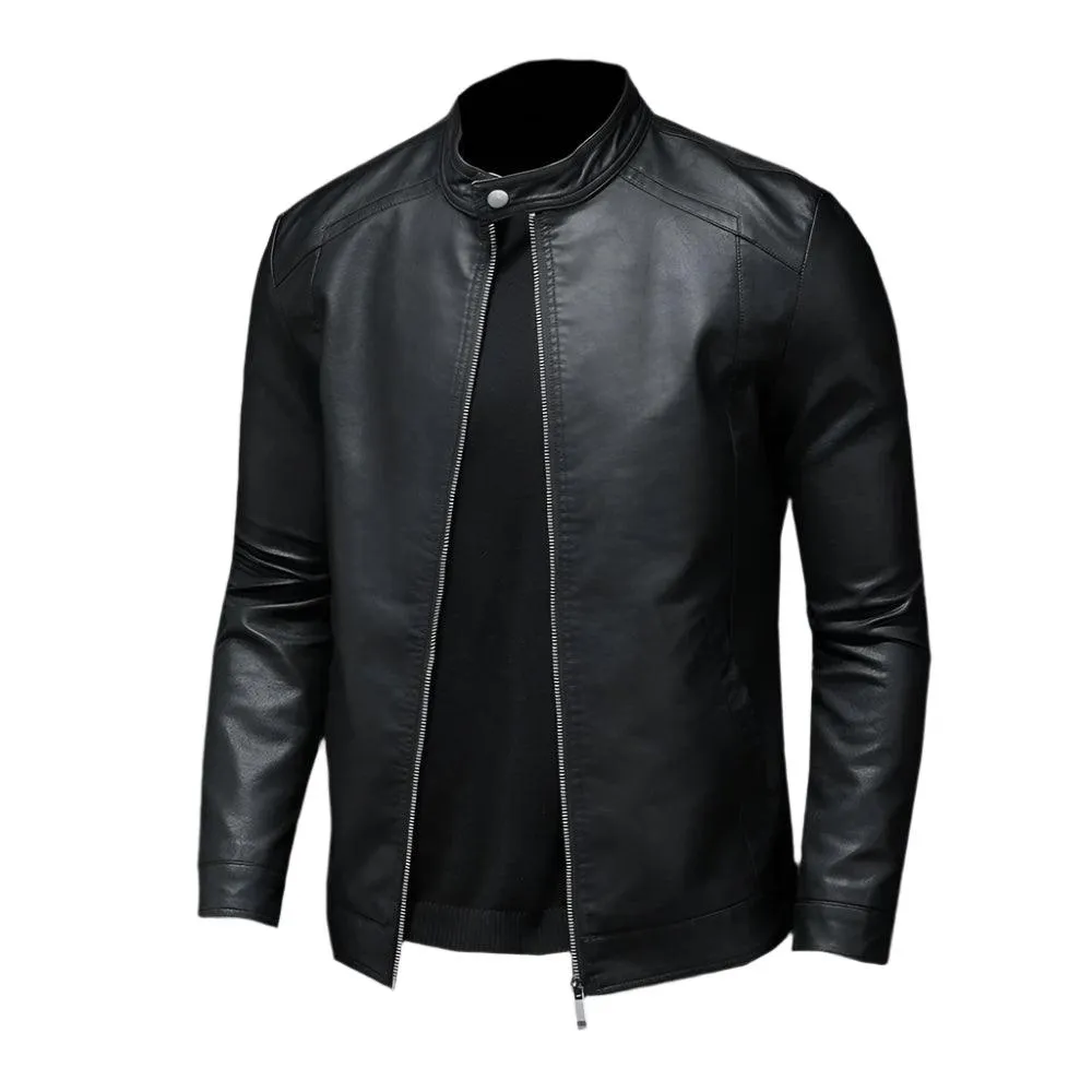 Fashion Motorcycle Stand Collar Slim Long Sleeve Biker Leather Coat Jacket