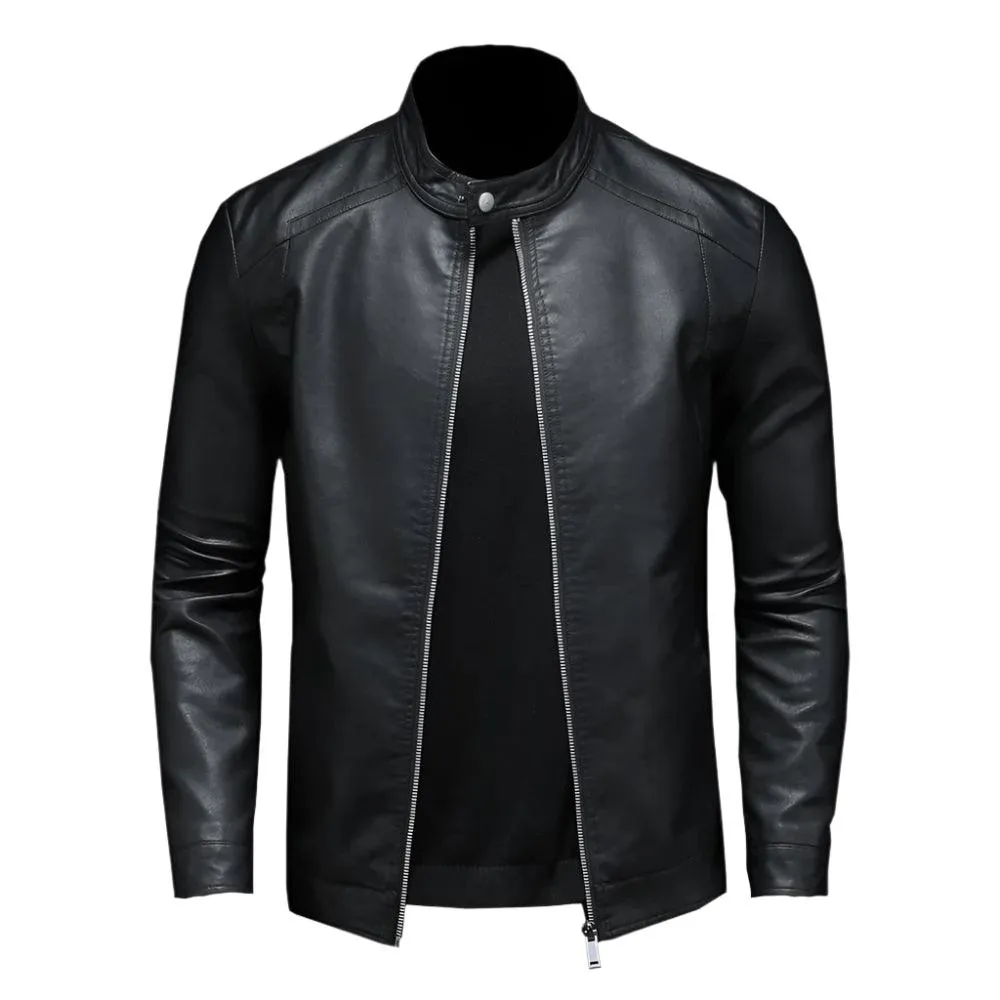 Fashion Motorcycle Stand Collar Slim Long Sleeve Biker Leather Coat Jacket