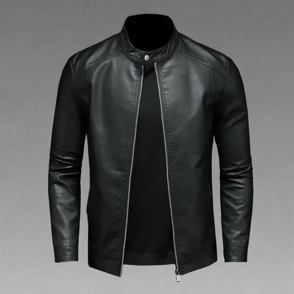 Fashion Motorcycle Stand Collar Slim Long Sleeve Biker Leather Coat Jacket
