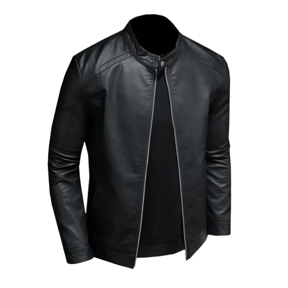 Fashion Motorcycle Stand Collar Slim Long Sleeve Biker Leather Coat Jacket
