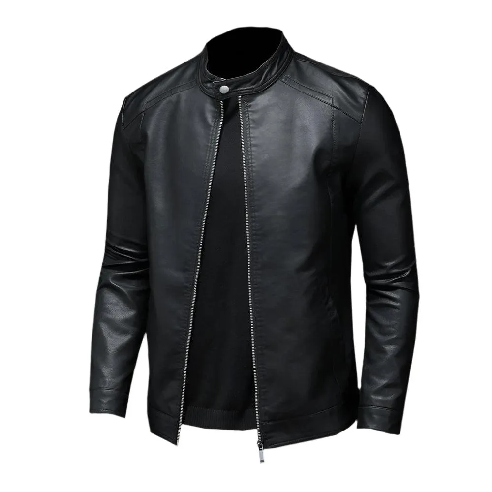 Fashion Motorcycle Stand Collar Slim Long Sleeve Biker Leather Coat Jacket