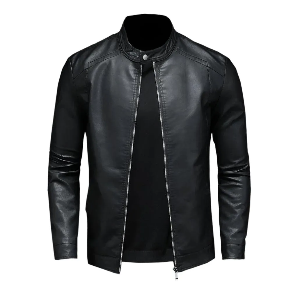 Fashion Motorcycle Stand Collar Slim Long Sleeve Biker Leather Coat Jacket
