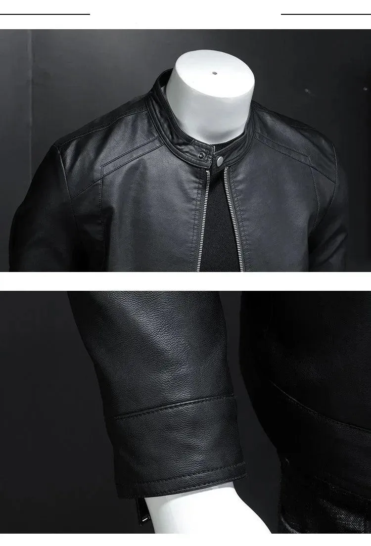 Fashion Motorcycle Stand Collar Slim Long Sleeve Biker Leather Coat Jacket